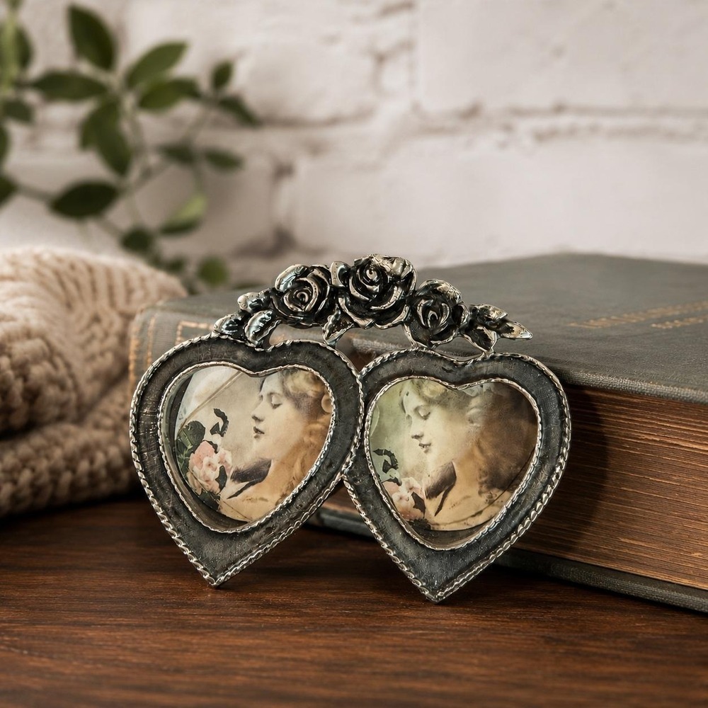 Double Heart Locket Brooch Silver Rose Photo Pin Vintage Cutwork Openwork